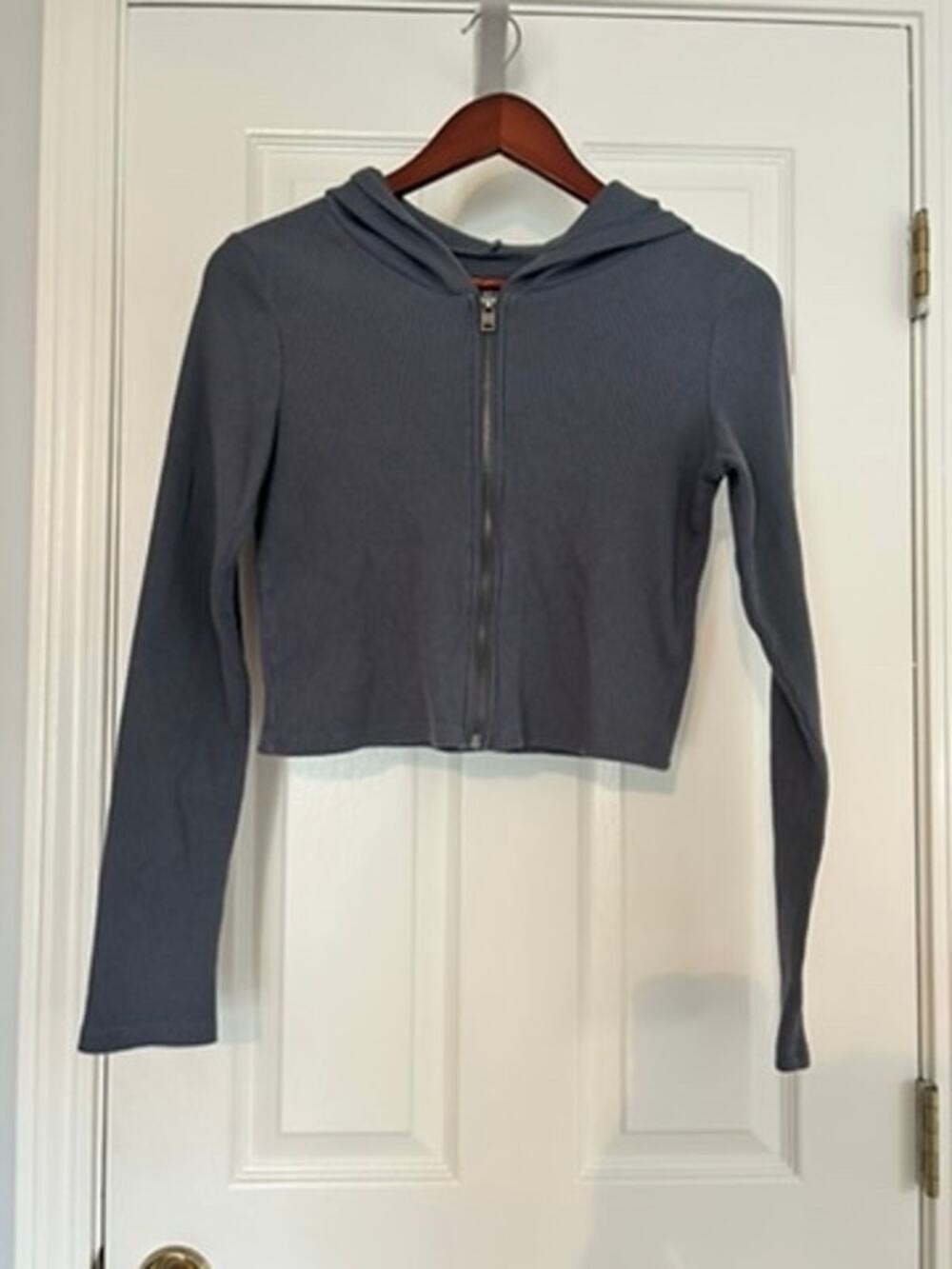 Hollister Womens S Gray Cropped Zip Hoodie Waffle Ribbed Fitted Y2K Style